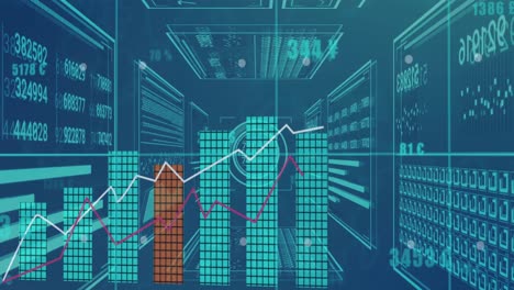 Animation-of-graph-over-data-processing-on-blue-background