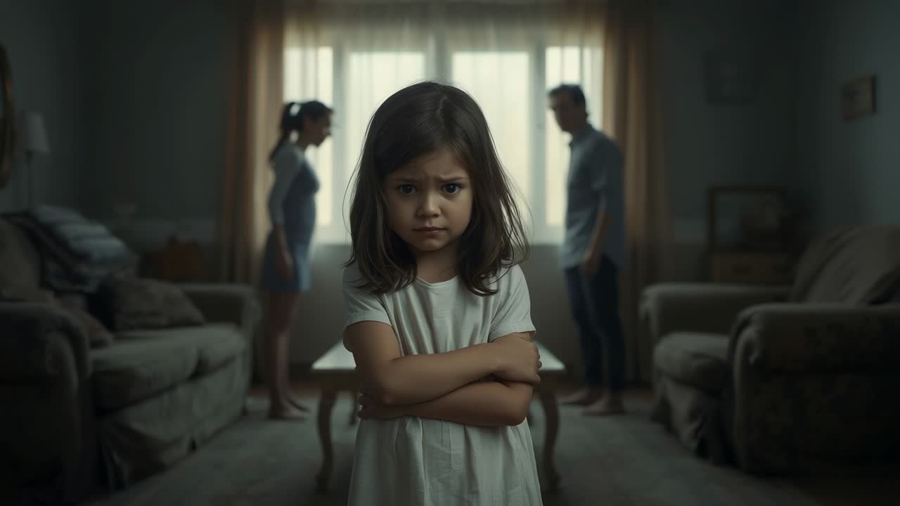 Inizio di una discussione in famiglia, madre che alza la voce e padre che gesticola nel soggiorno, turbando il bambino