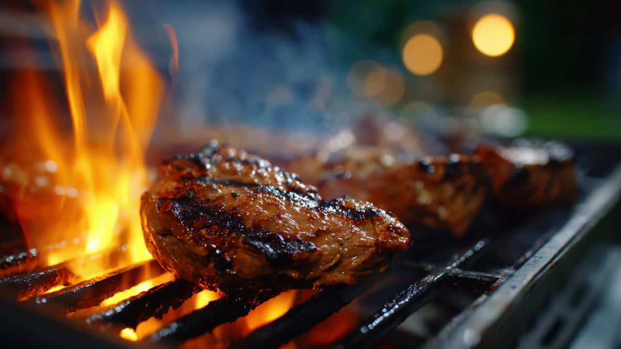 Sizzling Grilled Meat Over Flames: A Close-Up View of Juicy Steaks Cooking on the Barbecue Grill, Capturing the Intense Heat and Smoky Flavors That Make Outdoor Cooking a Delightful Experience