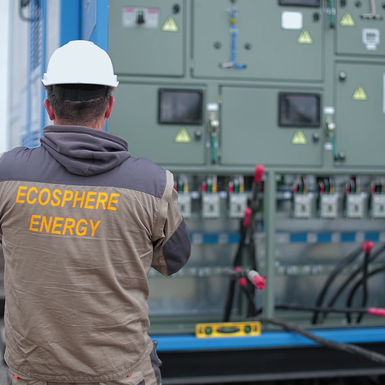 Handsome man installing electrical construction. Electric specialist working with electric supply