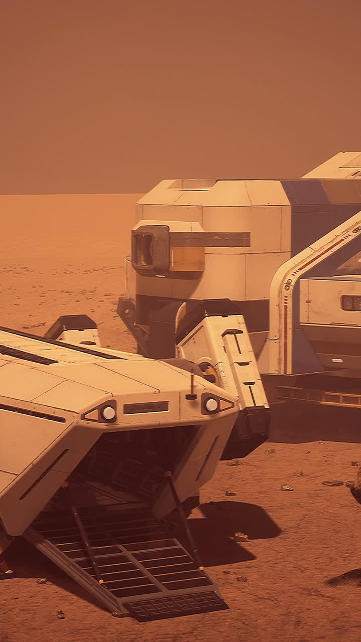 Exploration base on the surface of mars with robotic vehicles nearby