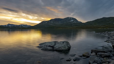 breathtaking sunset scenery by the vavatnet lake in hemsedal, norway - timelapse