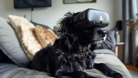 a black dog laying on a couch wearing a virtual reality headset