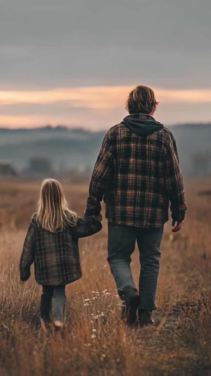 A Heartwarming Farewell: A Parent and Child Strolling Hand-in-Hand Through a Serene Landscape at Dusk, Embracing Nature's Beauty Together