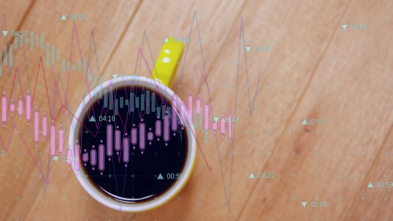 At second one chart overlay sliding across yellow cup fluctuating bars showing trends, sweeping off