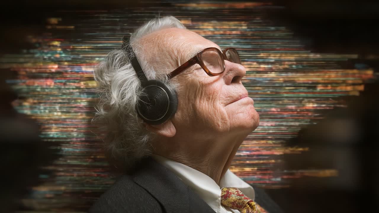 An Elderly Man in Headphones Immersed in Music, Surrounded by a Colorful Digital Spectrum Representing the Joy of Sound and Nostalgia Through His Expression