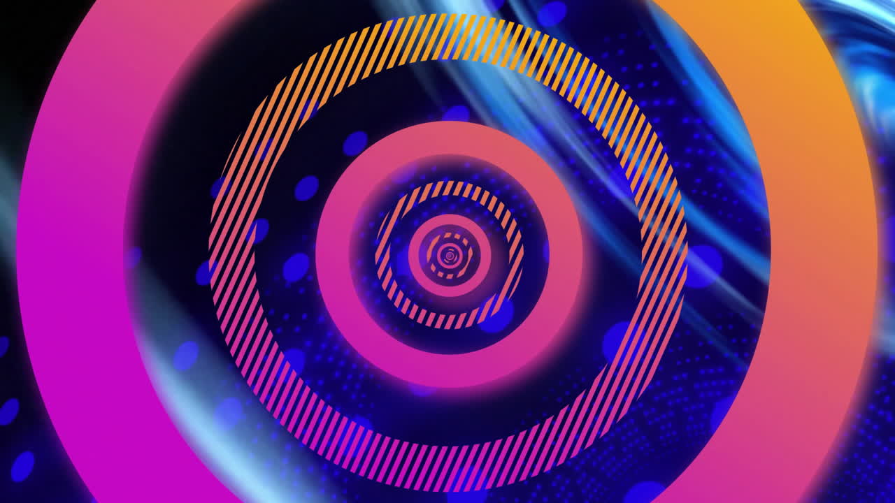 animación de anillos de carga de datos concéntricos rosados y naranjas que procesan el remolino de luz azul