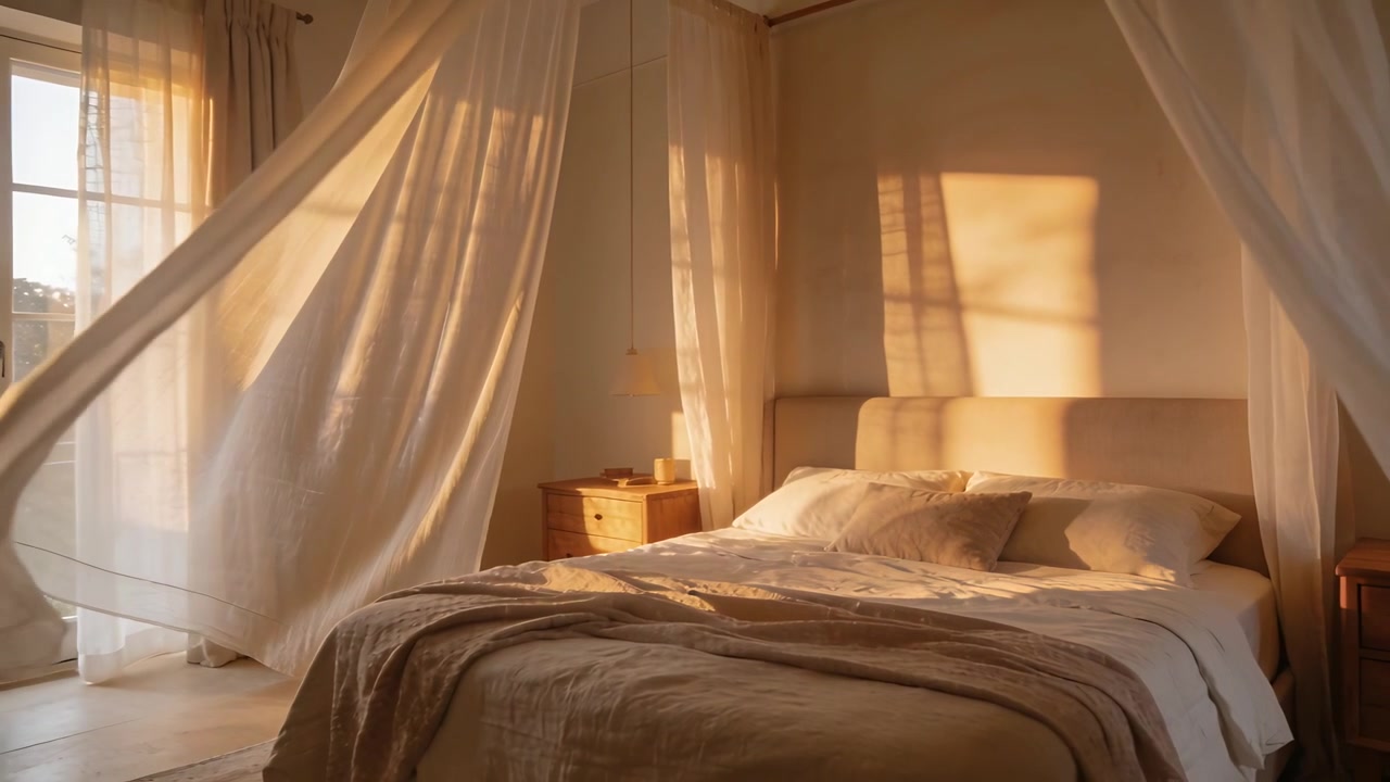 Tende ondeggianti in camera da letto che sfiorano il letto a baldacchino, mosse dalla brezza delle porte finestre aperte, mostrando un'ombra a griglia.