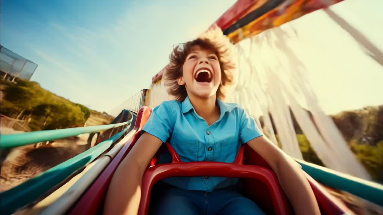 POV video shot of a person on a roller coaster, capturing excitement and motion blur