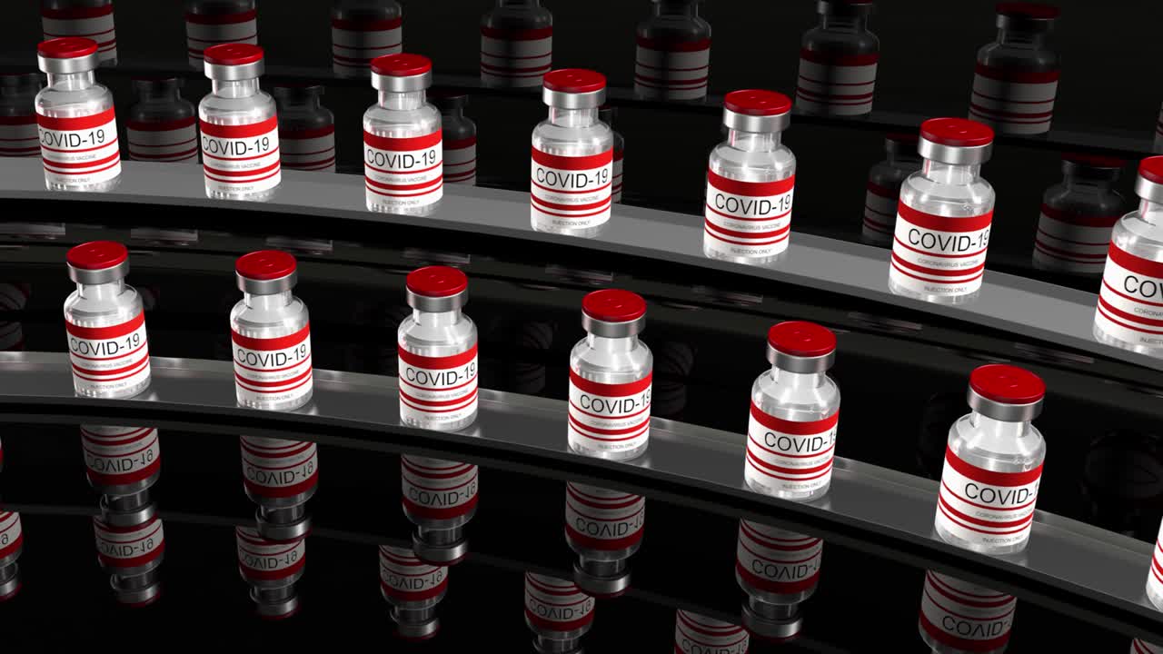 코로나19 백신의 빨간 병, sars-cov-2 백신을 담은 유리 병, 비디오 편집을 위한 3d 렌더링,