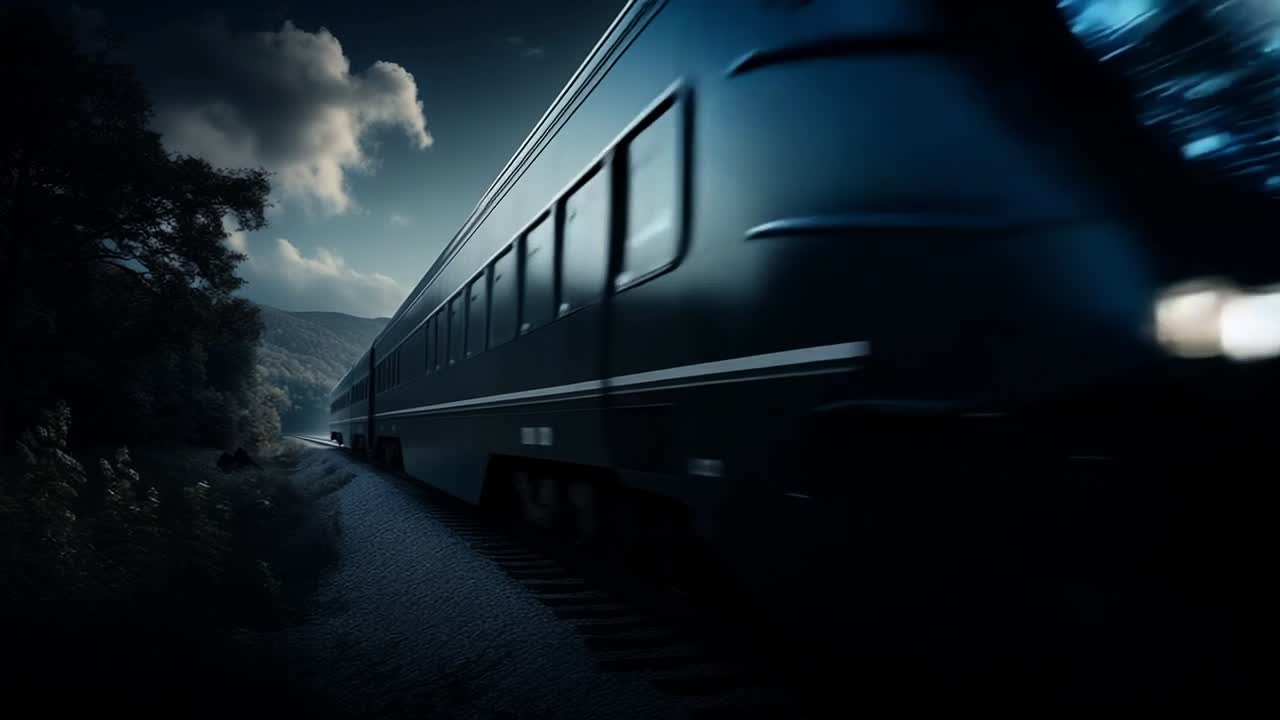 Ghost train in foggy landscape. A futuristic train moves along a quiet track at dusk, surrounded by fog and trees, creating an enchanting atmosphere.