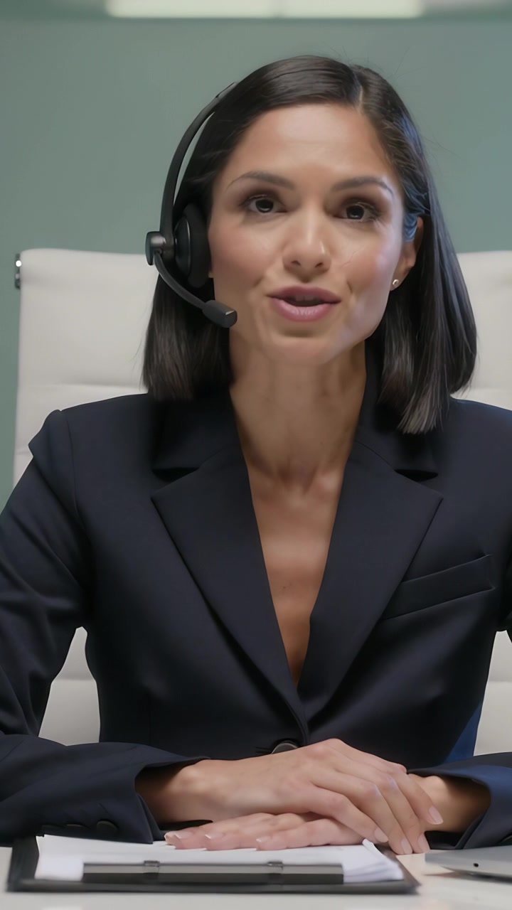 Vídeo vertical: Início de chamada, mulher de blazer falando no headset em uma mesa, anotando em prancheta