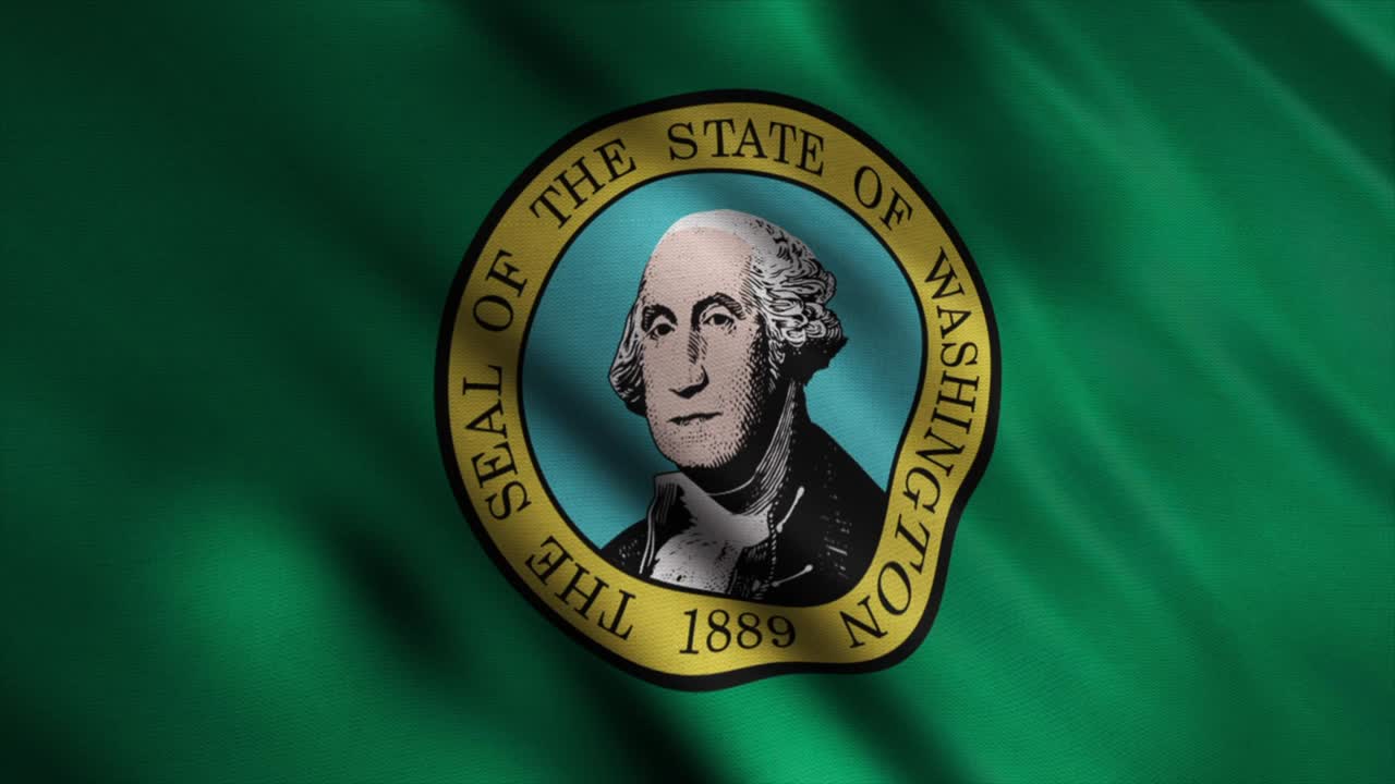 Abstract Washington state's flag waving in the wind. Animation. The flag consists of the state seal, displaying an image of George Washington, on a field of dark green with gold fringe