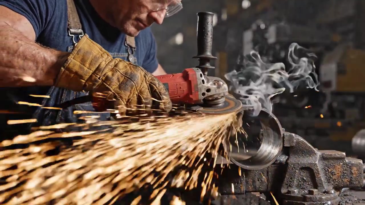 Un abile artigiano che utilizza una smerigliatrice in officina, creando scintille mentre il metallo viene modellato e rifinito con strumenti e tecniche di precisione per prestazioni ottimali