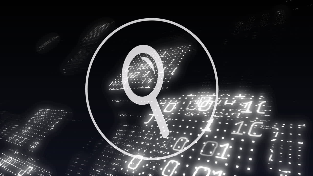 animación del icono digital de la lupa, codificación binaria y procesamiento de datos