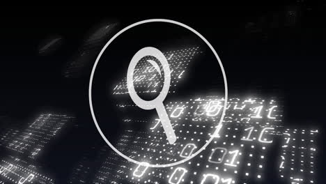 Animation of magnifying glass digital icon, binary coding and data processing