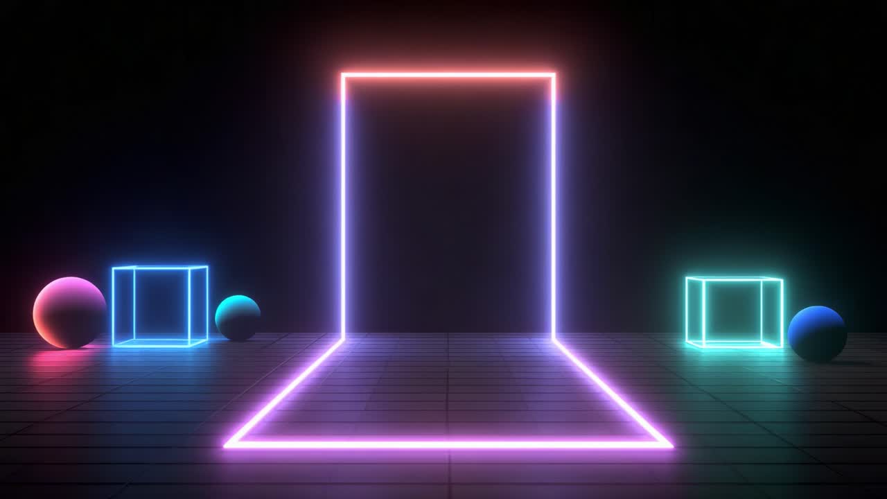 A mesmerizing digital art scene featuring vibrant neon shapes and geometric forms, creating a striking visual contrast against a dark background. Perfect for inspiring creativity and design