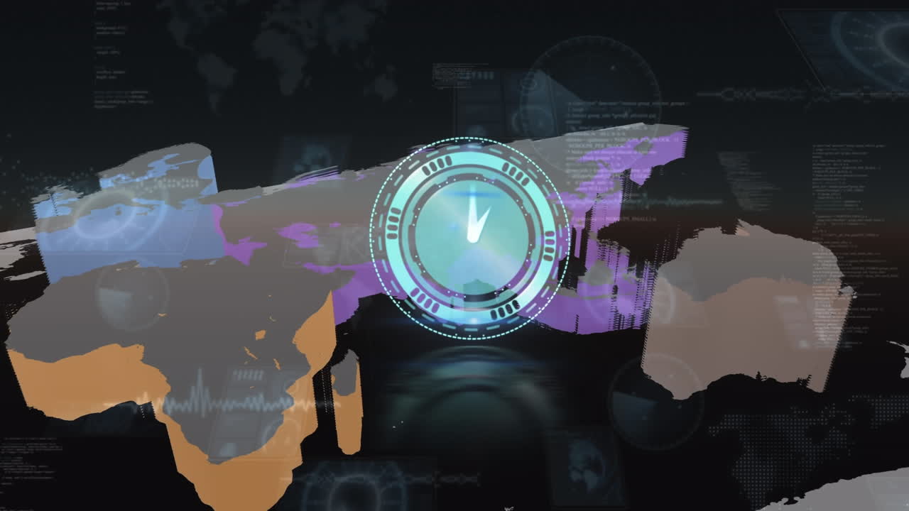 animación de reloj en movimiento sobre el procesamiento de datos y el mapa del mundo