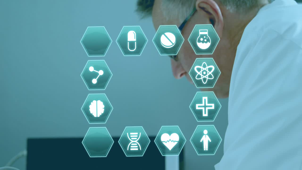 의료 아이콘의 애니메이션과 백인 남성 과학자에 대한 데이터 처리