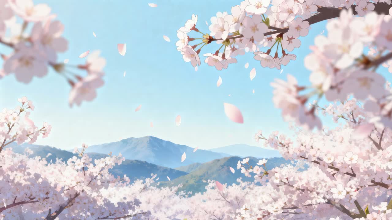 穏やかなそよ風に揺れる桜の樹冠、淡いピンク色の花びらが山あいを舞う。
