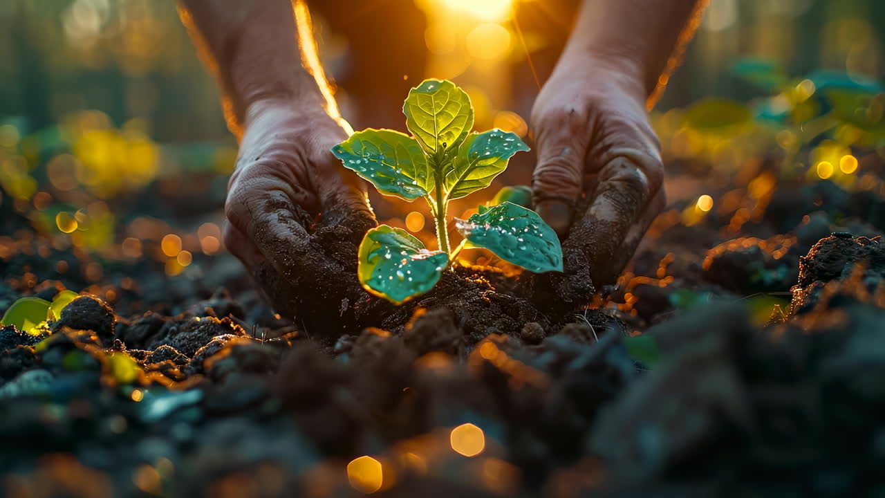 Planting a young seedling during sunset. Hands place a small green seedling into rich soil as the sun sets, casting a warm glow through the trees
