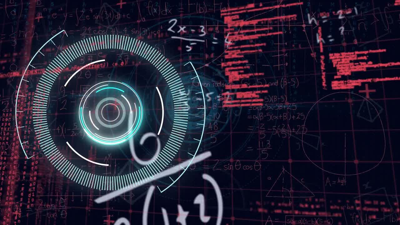 animación de escáner redondo de neón, procesamiento de datos y ecuaciones matemáticas en fondo negro.