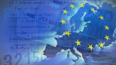 animation of flag of european union and map of europe over euro currency bills