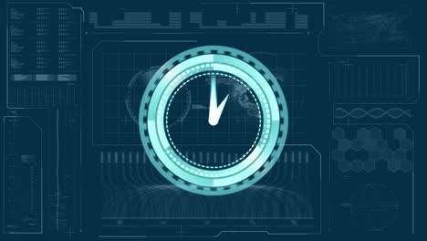 reloj de neón azul haciendo tictac frente a la interfaz digital con procesamiento de datos en fondo azul