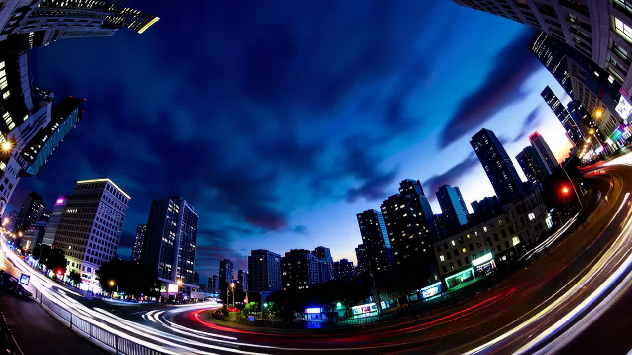 Cityscape at Night with Fisheye Lens and Light Trails