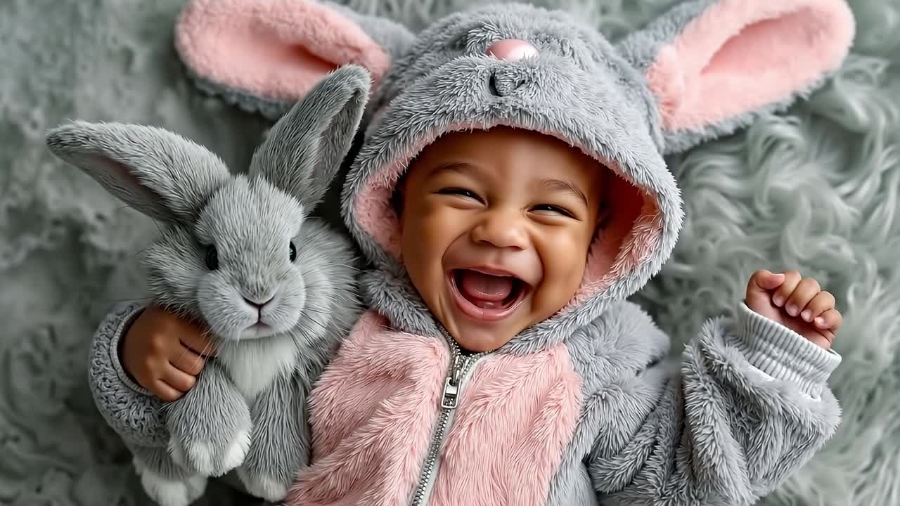 A baby in a bunny costume holding a stuffed animal