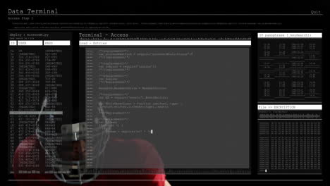 football player in red jersey with code terminal interface animation overlay