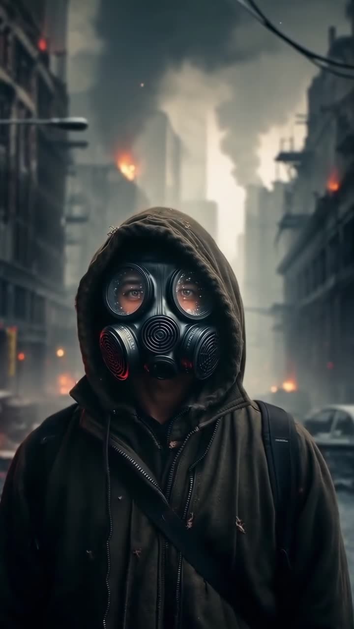 A video still of a hooded figure in a gas mask, shot from eye level in a dystopian cityscape