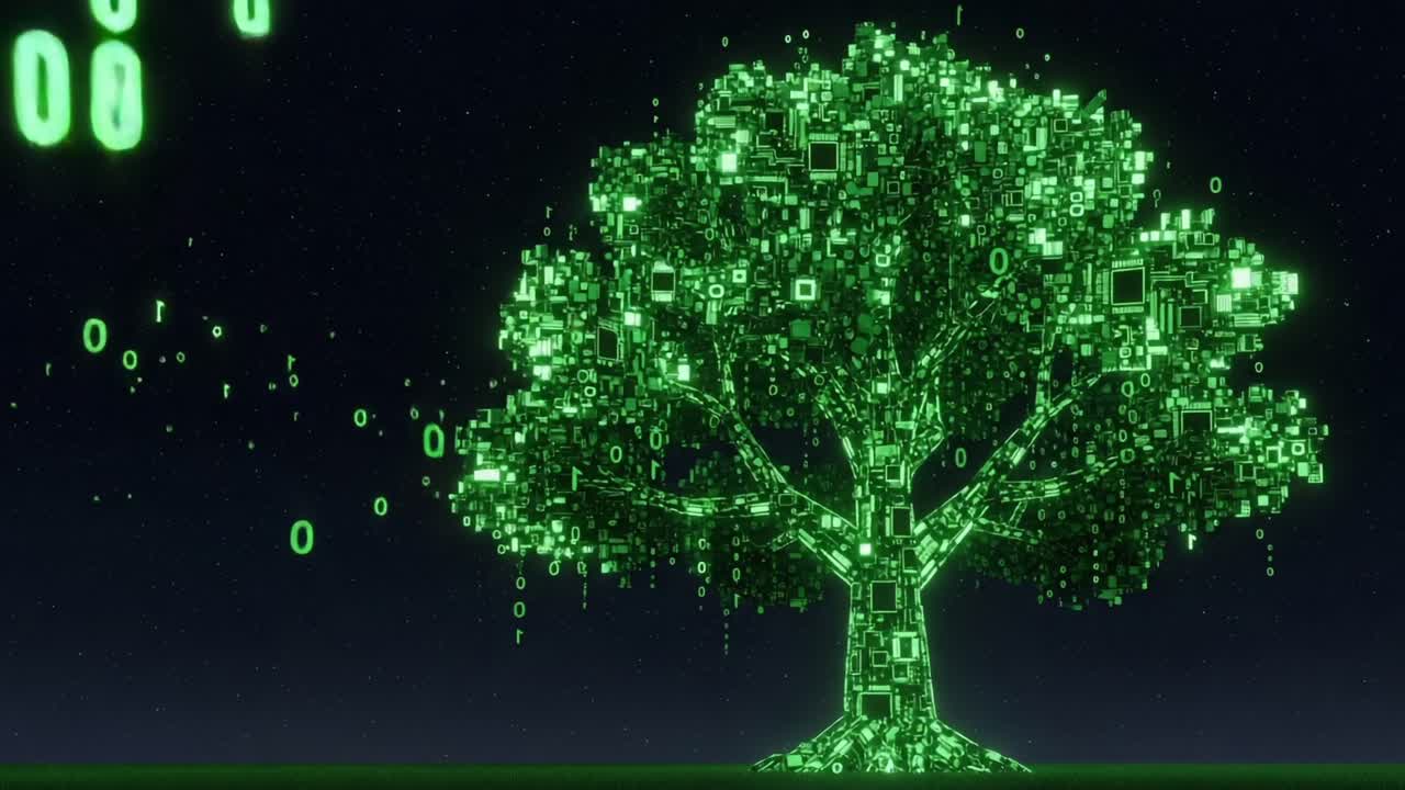 A Beautiful Representation of the Intersection of Nature and Technology, Featuring a Majestic Digital Tree Formed from Binary Code and Data Streams