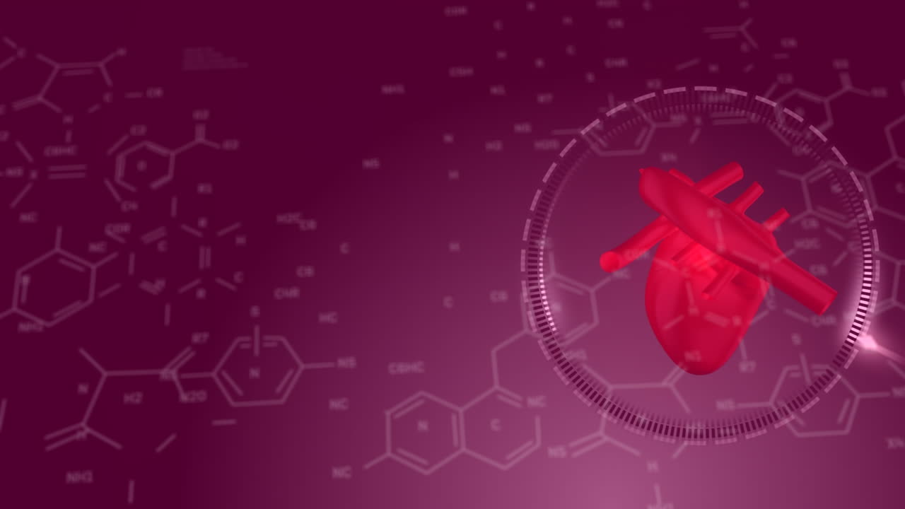 animación de fórmulas químicas sobre un modelo de corazón humano en un fondo oscuro