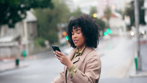 Phone,-taxi-and-woman-in-a-street-with-shopping