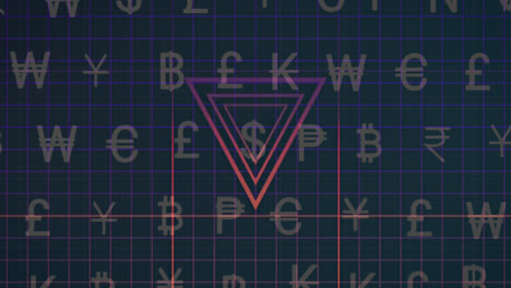 animation of currency symbols over shapes on black background