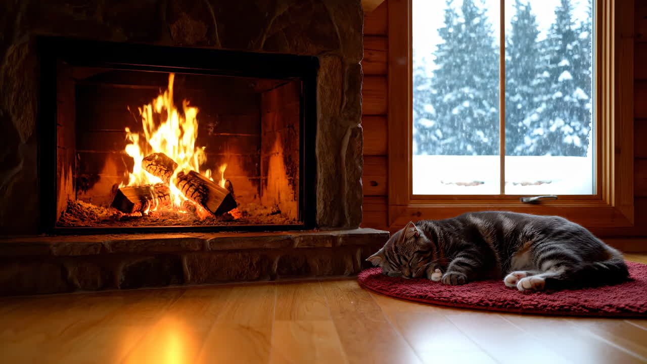 Cozy winter scene with a cat by the fire. A warm and inviting scene shows a cat sleeping near a fireplace while snow falls outside the window on a winter day