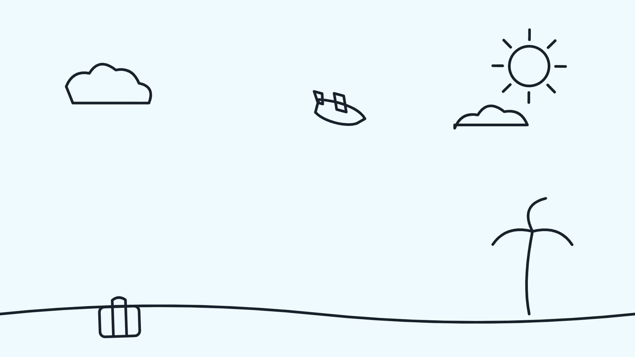 Animated Line Drawing of a Plane Flying Over a Tropical Beach
