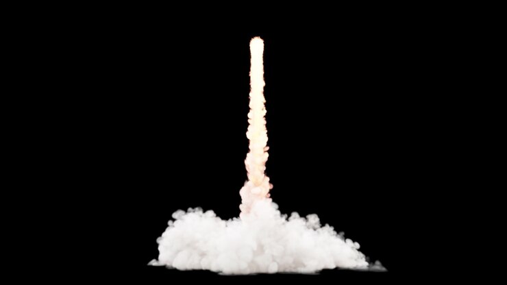 A thick white cloud of smoke bursts upward from a flat surface. It rapidly expands and forms a towering plume, dissipating as it ascends. This isolated element has a transparent background.