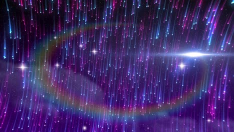 Animation-of-stars-moving-over-black-background-with-pink-and-blue-falling-lights