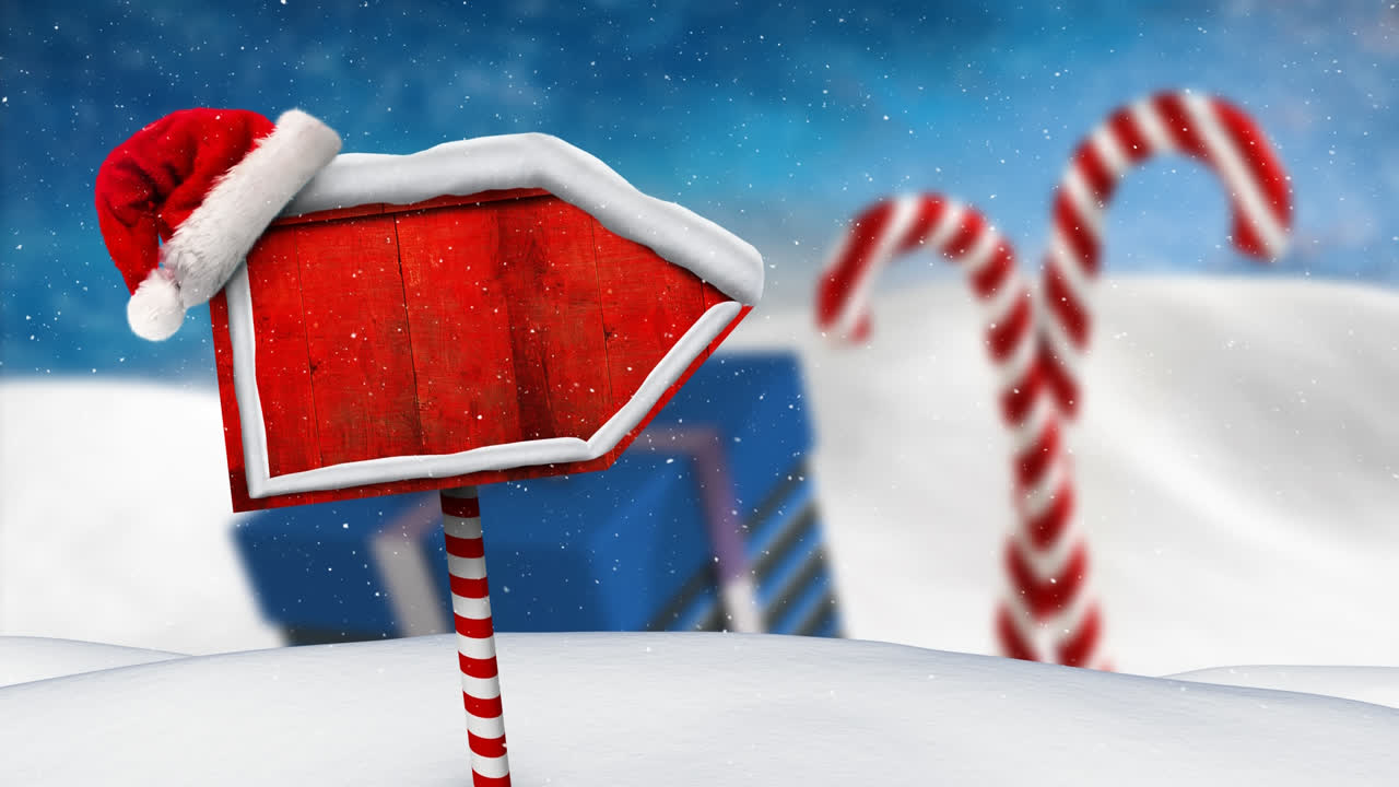 composición de video con nieve sobre escena de invierno con un signo en blanco rojo