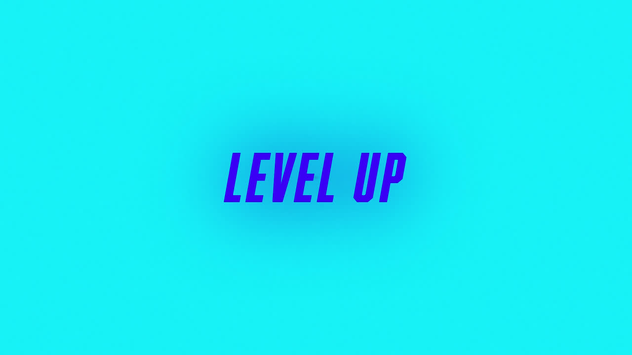 Digital animation of level up text against colorful concentric circles on blue background