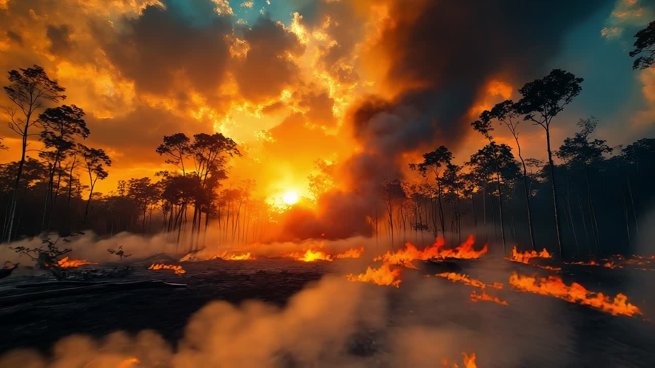 Sunset forest fire colors. A dramatic forest fire engulfs trees as the sun sets, casting radiant colors across the sky and smoke rising.