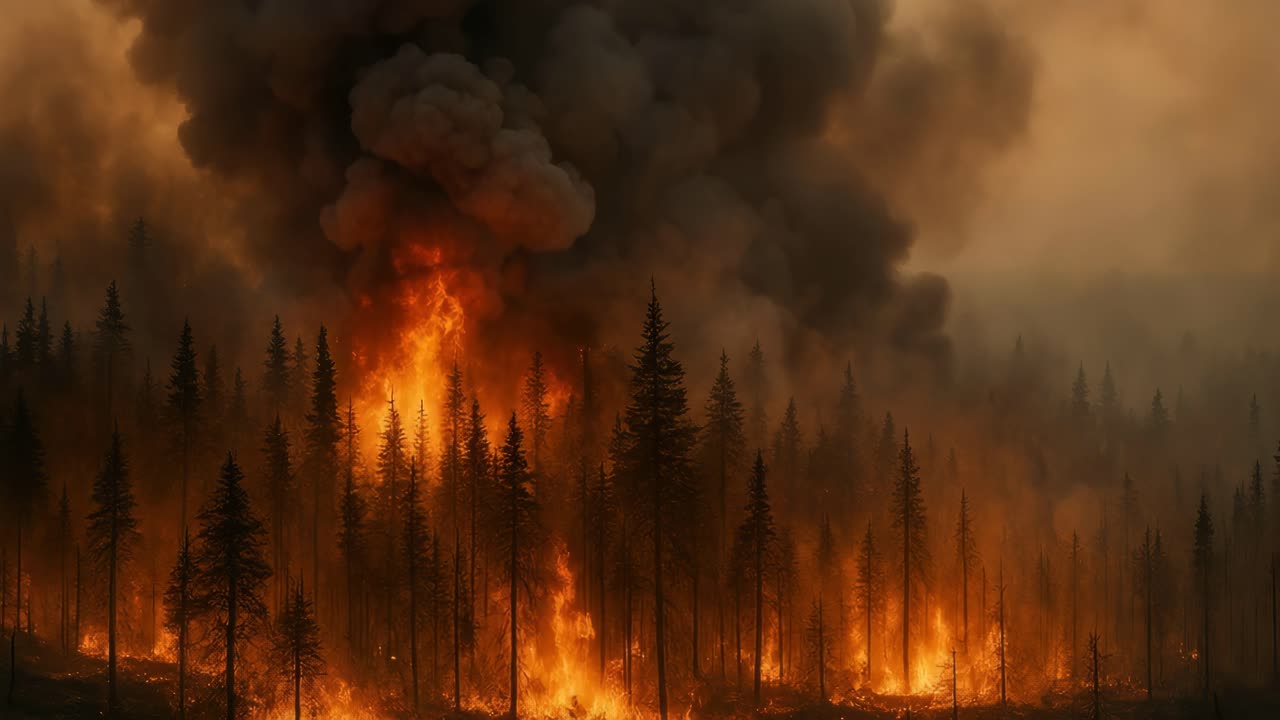 Scena video drammatica di un incendio boschivo con fiamme imponenti e fumo denso.
