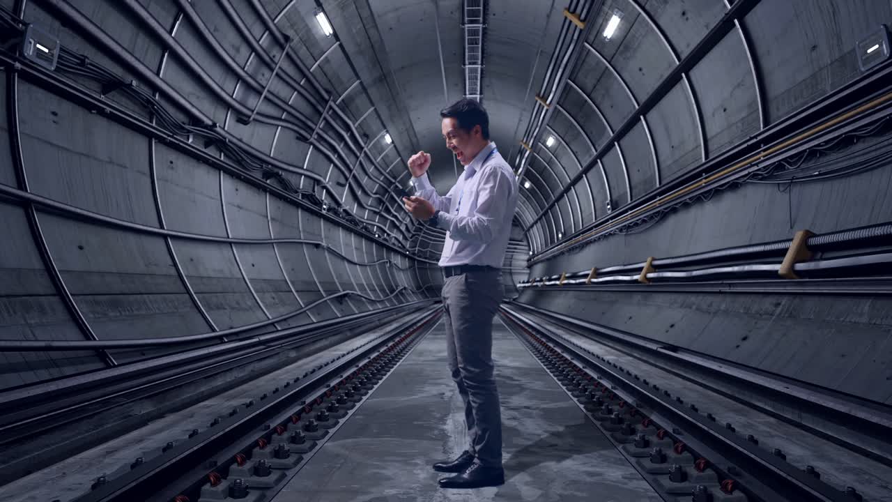 Full Body Side View Of An Asian Male Professional Worker Standing With His phone In Underground Subway Tunnel, He Raises His Fist Up With Screaming Goal