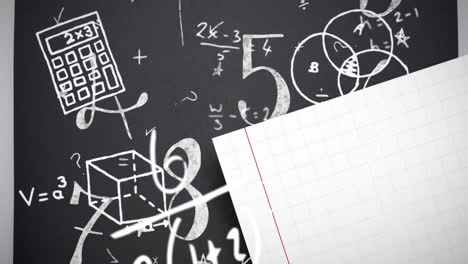 Mathematical-symbols-and-equations-floating-against-school-concept-icons-and-squared-lined-paper