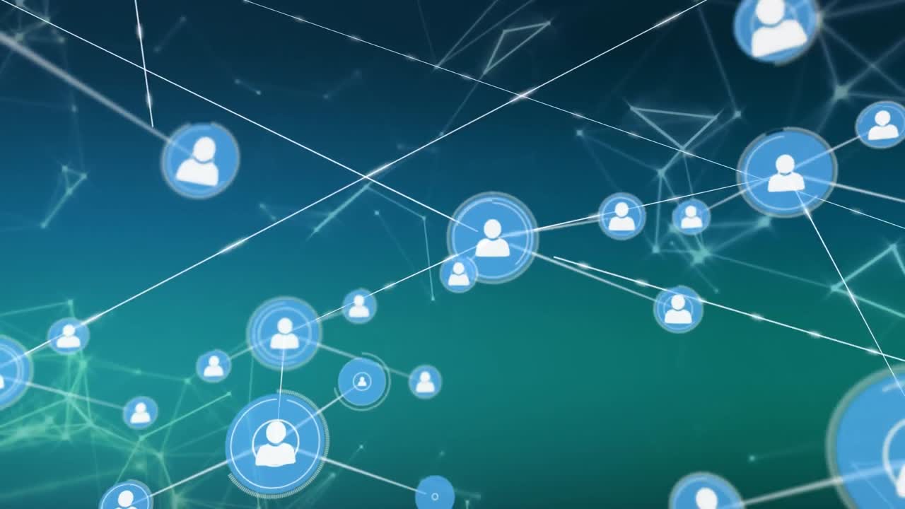 녹색 그라디언트 배경에 연결 네트워크를 통해 프로필 아이콘 네트워크의 애니메이션