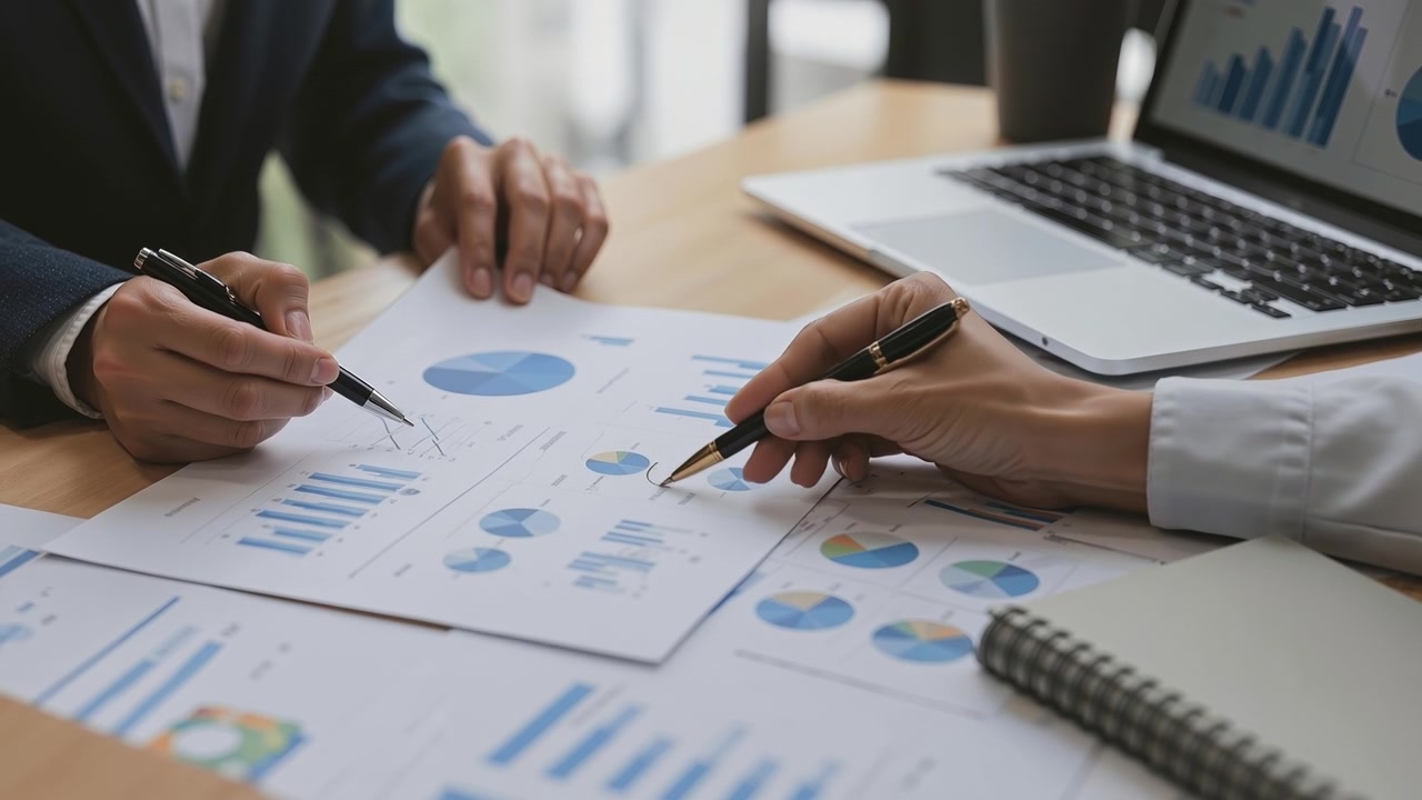 Nærbilde av forretningsfolks hender som analyserer finansielle diagrammer og datarapporter på et kontorbord.