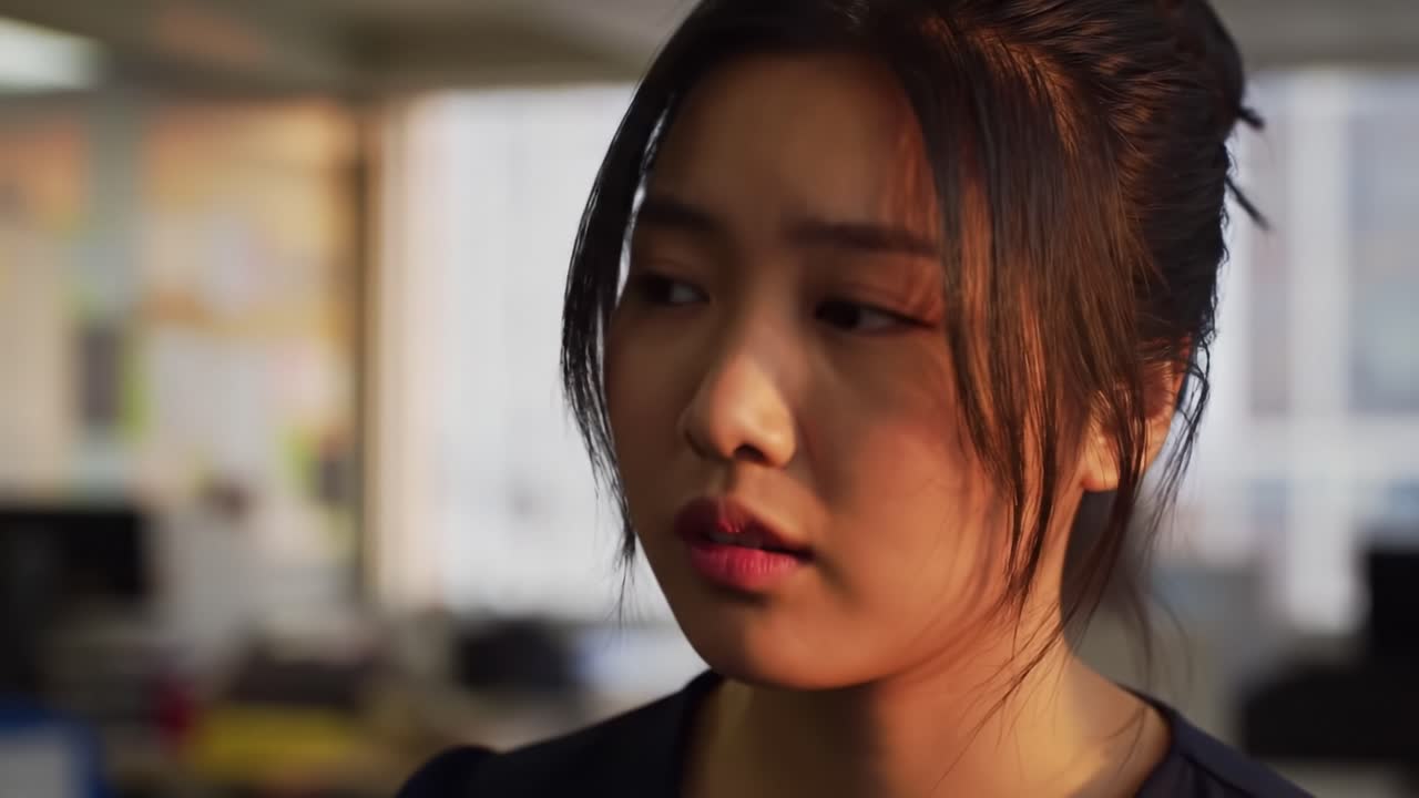 A young woman is visibly stressed while sitting at her desk in a bustling office. She rubs her forehead, reflecting feelings of overwhelm as she struggles with her workload.