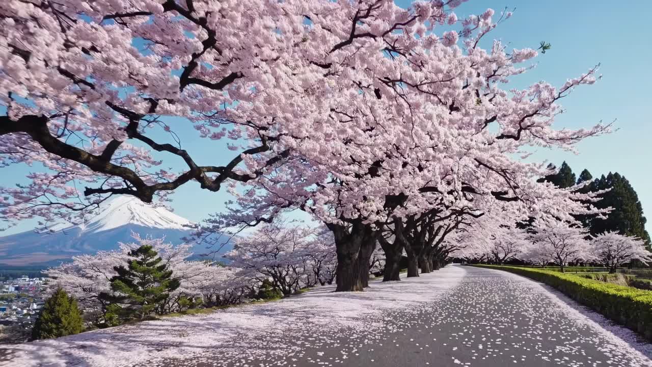 A serene landscape video captures cherry blossoms framing Mount Fuji